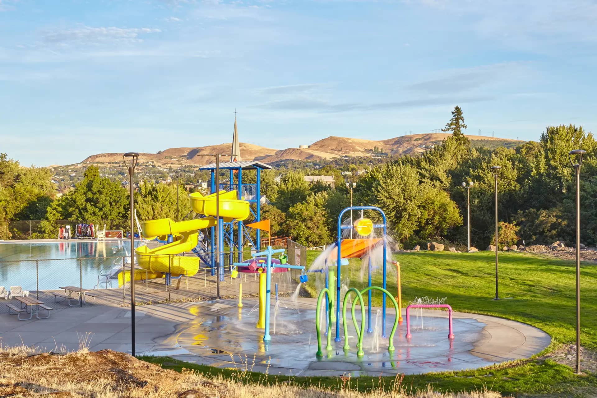 Splash pad water-play area outside the Northern Wasco County Aquatic Center in The Dalles.