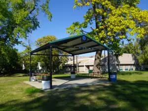 Picnic shelter at Miller Park beside the city spray feature area in Yakima.