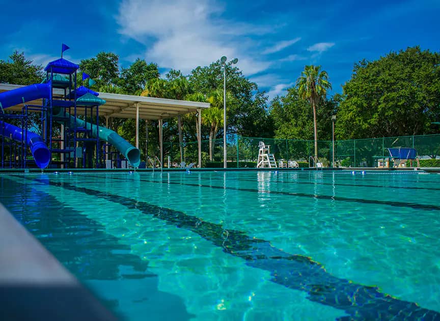 Fossil Park Pool complex in St. Petersburg with splash and swim areas.