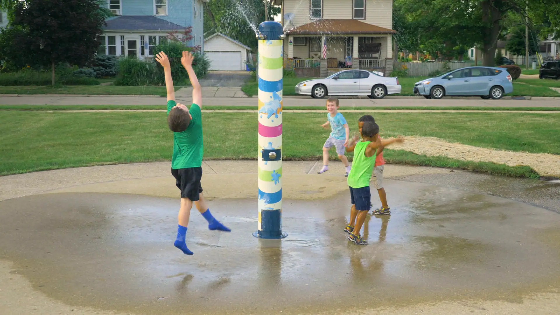 Rockford spray pad with open-access water jets.
