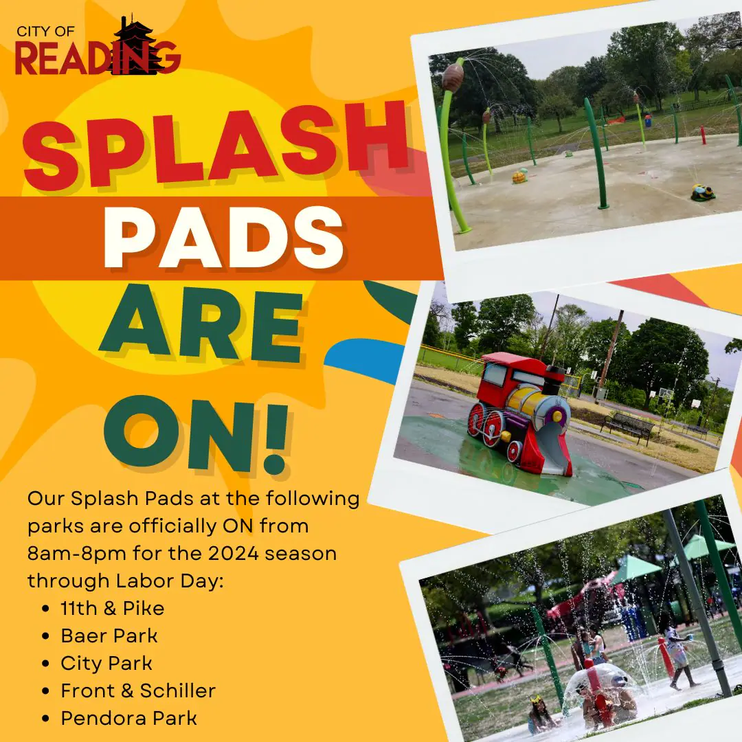 Official City of Reading splash pad season image used while listing Barbey's Playground Splash Pad.