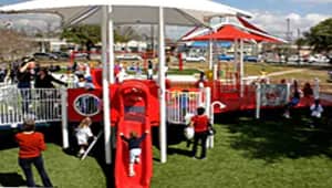 Colorful sprayground with themed water play elements in Houston.