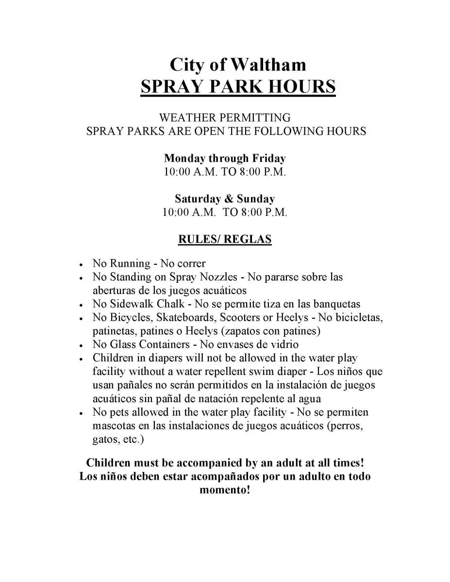 Spray park sign in Waltham.