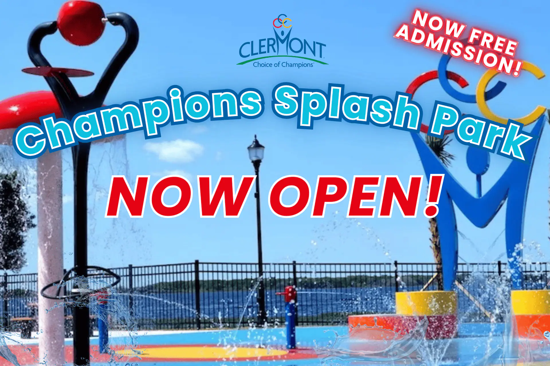 Promotional image for Champions Splash Park at Waterfront Park in Clermont.