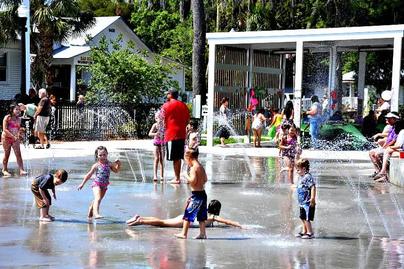 Splash pad play area at Sims Park in New Port Richey.