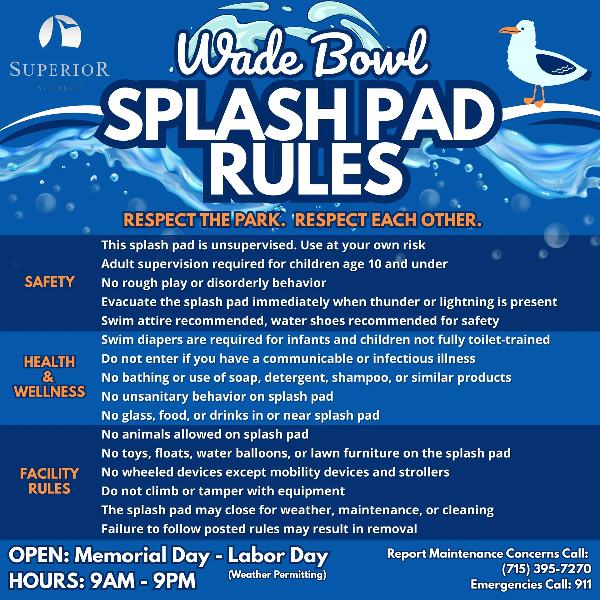 Rules sign for the Wade Bowl Park Splash Pad in Superior, Wisconsin.