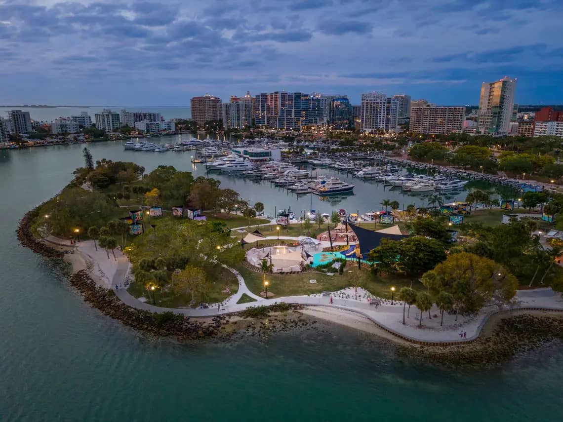 Bayfront Park splash pad and playground area in Sarasota.