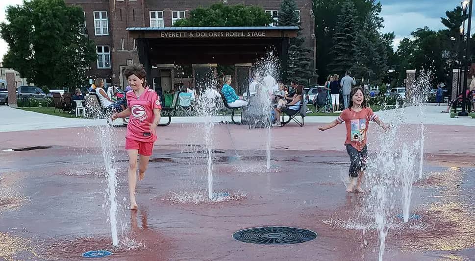 Children's splash fountain area at Wenzel Family Plaza in downtown Marshfield.