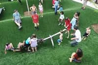 The Hollow play zone at Wasioto Park with water features.