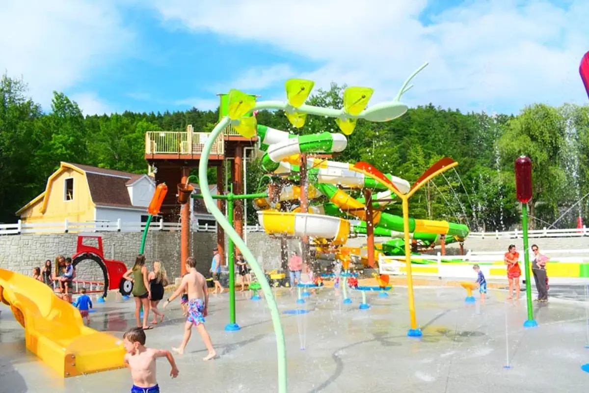 Overview of the Moo Lagoon spray pad and play area at Story Land in Glen, New Hampshire.