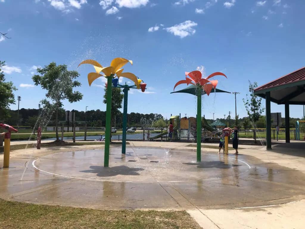 Splash pad water features at Coquille Park in Covington.