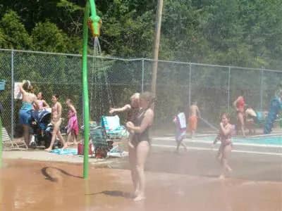 Overview of the Exeter spray pad with multiple water features.