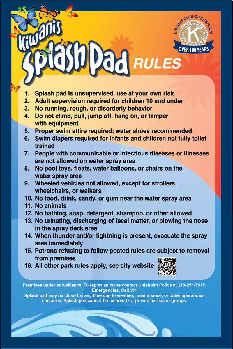 Kiwanis Splash Pad rules sign in Chisholm.