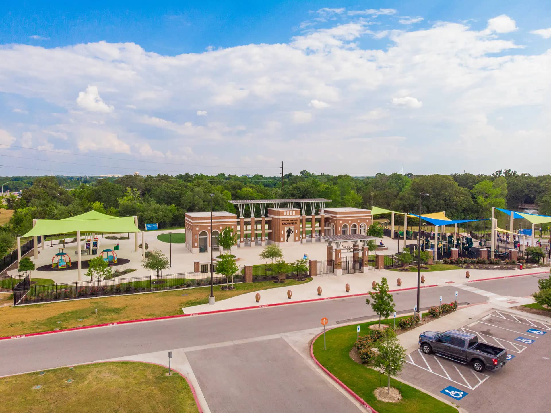 Fun for All Playground splash pad area in College Station.