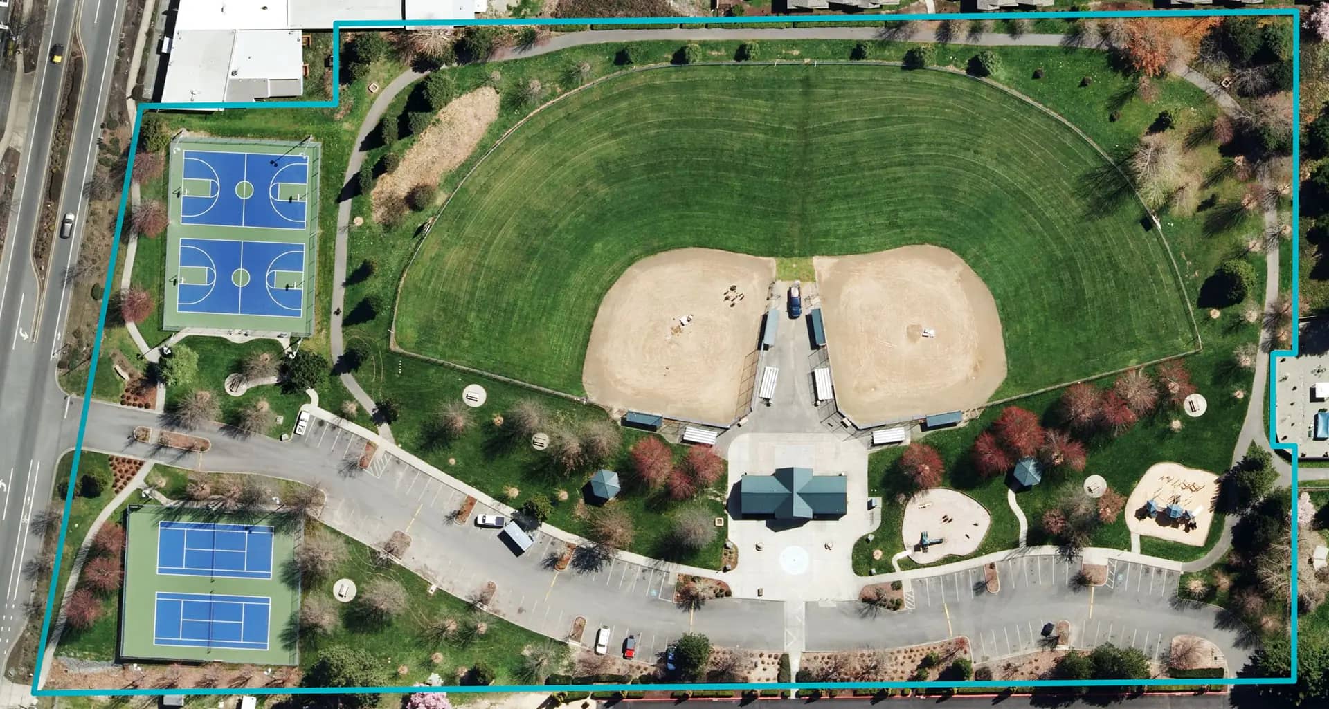Aerial view of Morrison Centennial Park in Grants Pass, home to a seasonal splash pad.