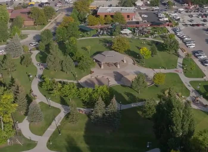 Aerial view of Whitney Commons in Sheridan showing the park layout around the seasonal spray grounds area.