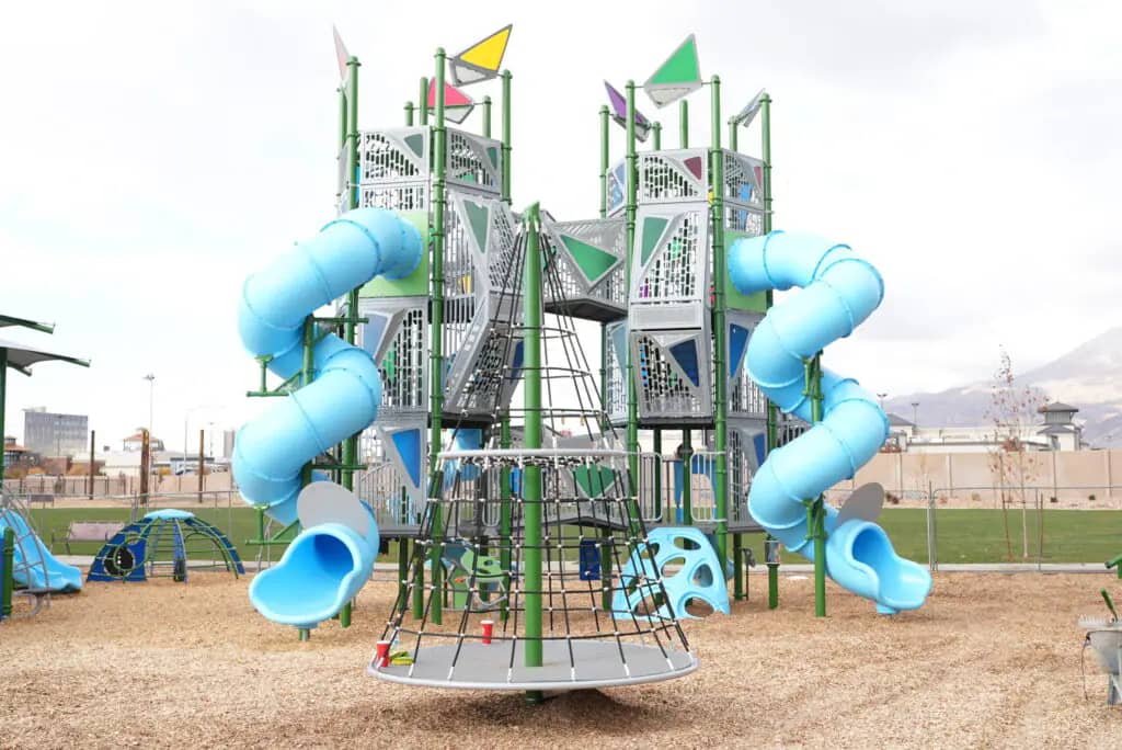 Play and splash area setting at Hillcrest Park in Orem.